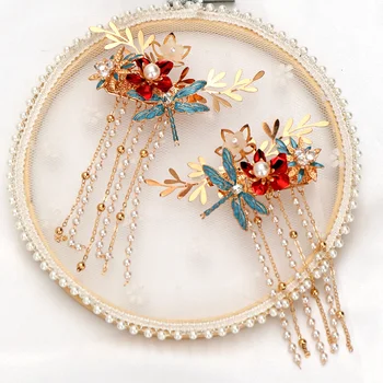 2 ks Čínskych tiara Gold Pearl Flower Strapec Dragonfly Vlasy Barrettes pre Svadobné Headpiece Svadobné Vlasové Doplnky Šperky