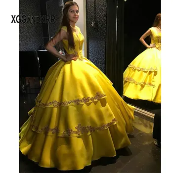 Luxusný Žltý Quinceanera Šaty 2020 Birhtday Strany Plesové Šaty, Saténové Vrstvy Lištovanie Princezná Sladké 15 16 Šaty Na Zákazku