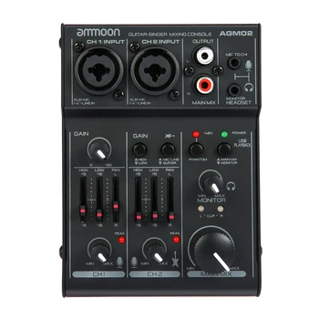 Ammoon AGM02 2-Kanálové Zvukové Karty, Digital Mixing Console Audio Mixer 2-pásmový EQ Vstavané 48V Phantom Napájaním 5V USB pre DJ Live
