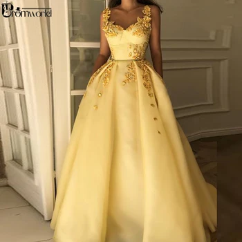 Žltá Moslimských Formálne Šaty 2020 Milú, Kvet Popruhy Islamskej Dubaj Saudskej Arabčina Dlhé Elegantné Večerné Šaty Prom Šaty Dlhé