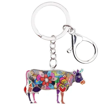 Bonsny Smalt Kovové Kvetinový Dobytka Bull Kľúč Reťazca Krúžok Keychain Šperky Pre Dámy, Ženy, Mladiství Kabelka Auto Farma Zvierat Charms
