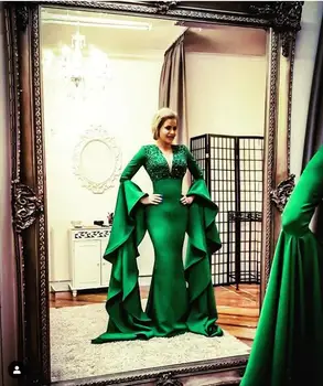 Saudská Arabčina Zelená Morská Víla Večerné Šaty 2019 Svetlice Volánikmi Plné Rukávy Čipky Korálkové Dlho Prom Šaty Elegantné Party Šaty