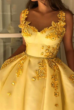 Saténové Šaty Ples 2020 Ženy Formálnej Strany Noc Vestidos Žltá Appliqus Plášť Bez Rukávov Elegantné Večerné Šaty Plus Veľkosť