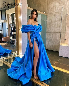Dlho Sexy Modré Večerné Šaty 2020 Milú Ramena Vysokej Štrbinou Dubaj Ženy Satin Formálnej Strany Plášte