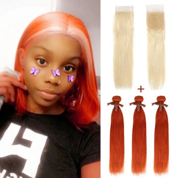 Remy Forte Blondína Rovno Zväzky S Uzáverom Orange Brazílsky Vlasy Väzbe Zväzky 3 zväzky Ľudské Vlasy s Uzáverom Rýchlo USA