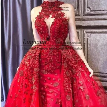 Očarujúce Červené Odnímateľný Vlak Prom Šaty 2020 3D kvet Vysoká Krku Appliques Korálkové Červenom Koberci Šaty Abric Dubaj Večerné Šaty