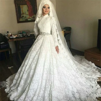 Moslimské Svadobné Šaty Saudskej Arábie, Turecka, Plesové Šaty, Ručne Vyrobené Dlhý Rukáv Svadobné Šaty Čipky Svadobné Šaty Vestido De Noiva