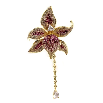 Ohromujúci Plný Micro Pave Hot Pink Orchidea Brošňa Zlatý Tón Reťazová Hruškovitého Tvaru Drop Kvet Orchidea, Kvet Pin Prom Elegantné Príslušenstvo