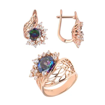 Huadie šperky set s zircons. Dámske náušnice s kameňmi a širokú krúžok s kvetom. Šperky 2021