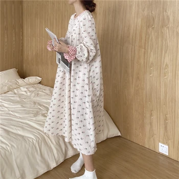 Bavlna cherry tlač nightgowns volánikmi palid patchwork dlhý rukáv sleepwear domáce oblečenie šaty žien nighdress Y228