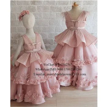 Princezná Ružová Pierko Dievčatá Sprievod Šaty 2020 plesové Šaty, Kryštály Korálkové 3D Kvetinové Dievčatá Narodeniny Prom Party Šaty Pre Batoľa