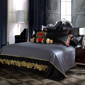 Blue Black Silk Satin Luxusné Royal posteľná bielizeň nastaviť Kráľovná King size Posteľ nastaviť Posteľ/Plochý list Posteľ šíriť nastaviť obliečka na Vankúš Perinu