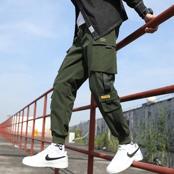 Muži Stuhy Streetwear Cargo Nohavice 2020 Jeseň Hip Hop Joggers Nohavice Nohavice Čierne Módy Neforemné Vrecká Nohavice