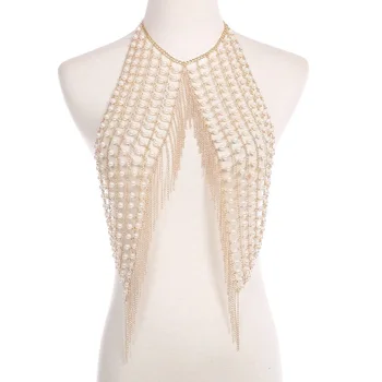 Sexy luxusné imitácia perly duté telo Šperky náhrdelník podprsenka reťazca korálky bikini kovové pearl strapec reťazca
