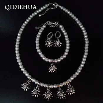 Móda Klasické Edelweiss Náhrdelník Medený krúžok Náušnice Náramok Nastaviť Ručne Simulované Pearl Flower Ženy Šperky Sady Veľkoobchod