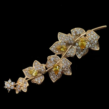 Očarujúce, Elegantné Víno Rastlín Pobočky Žlté Kvety Brošňa Zlatý Tón Micro Pave a Hruškovitého Tvaru CZ Kvetinový Veje Pin Svadobné Šperky