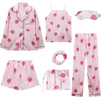 7 ks pyžamo set ženy, príležitostné tlače sleepwear domáce oblečenie hodvábny satén odev pyžamá žena jar jeseň pijama mujer