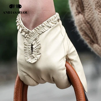 Jednoduché jeseň kožené rukavice ženy Vysoký stupeň Originálne Kožené rukavice z ovčej čipky jazdy dotykové rukavice - L097