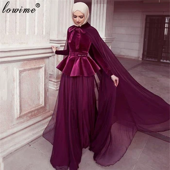 Moslimské Couture Burgundsko Večerné Šaty Formálne Arabčina Prom Šaty Žena Strany Noc Dlhé Rukávy Šiat S Cape Velvet Vestido