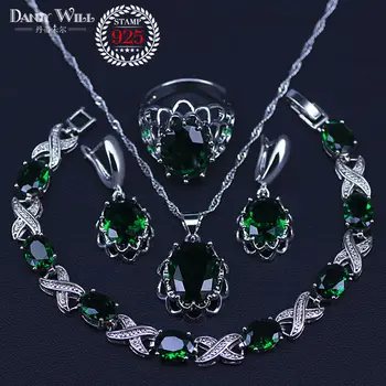 Prírodné striebro farebné Šperky Zelenými Zirkónmi White Crystal Šperky Sady Pre Ženy Prívesok/Náhrdelník/Krúžky/Náušnice/Náramky